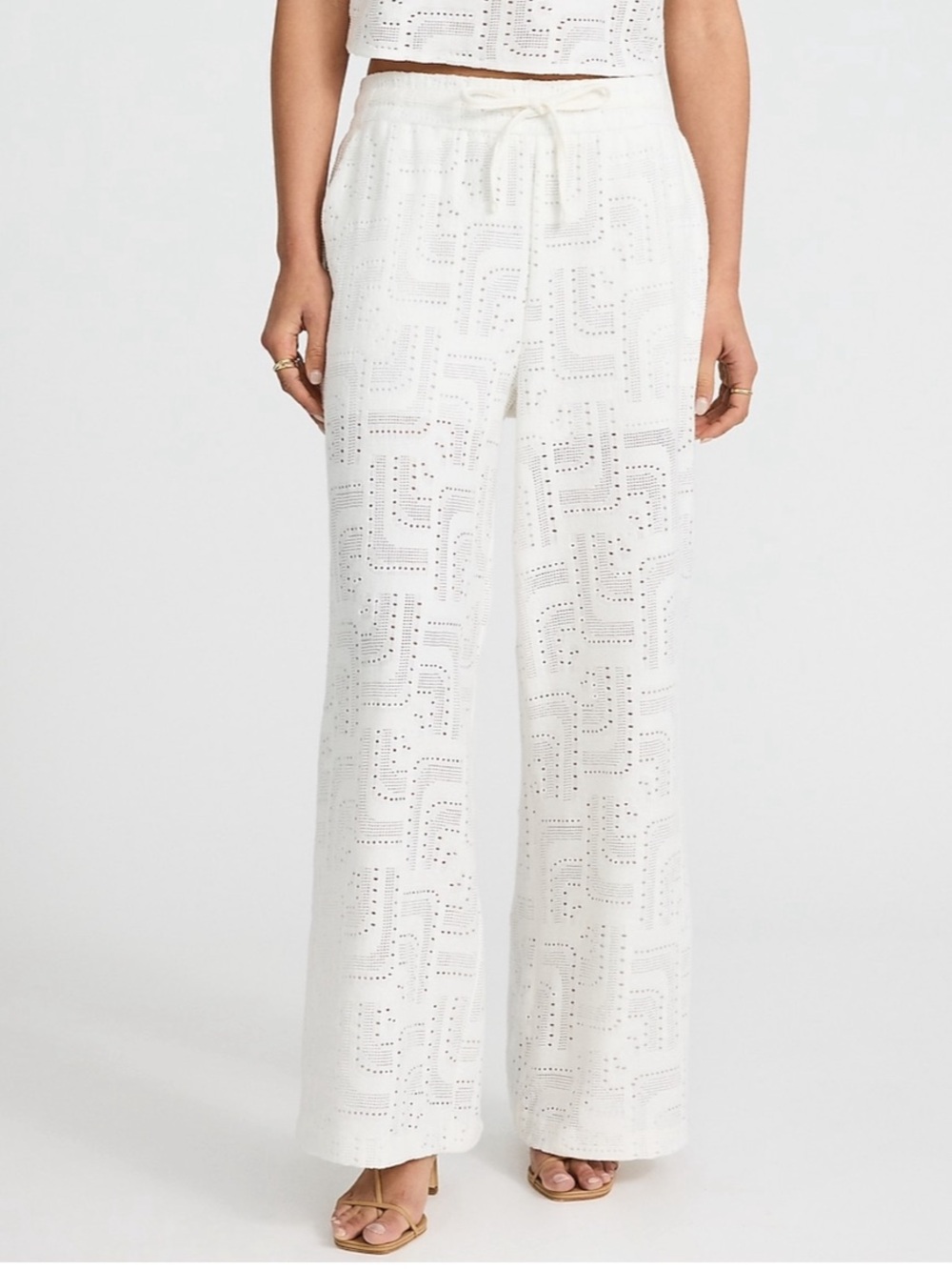 Express Jacquard Beige Eyelet Wide-Leg Drawstring Pants